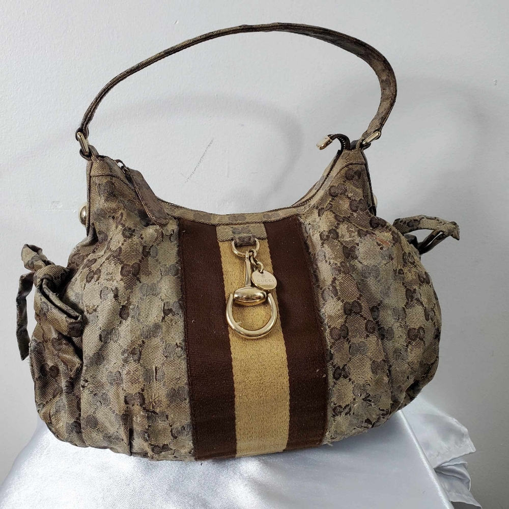 Gucci Monogram Crystal Web Horsebit Hobo Bag